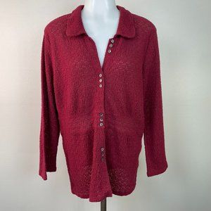 J. Jill Top Medium Dark Red Lace Semi-Sheer Button-Front Blouse Stretch Women's